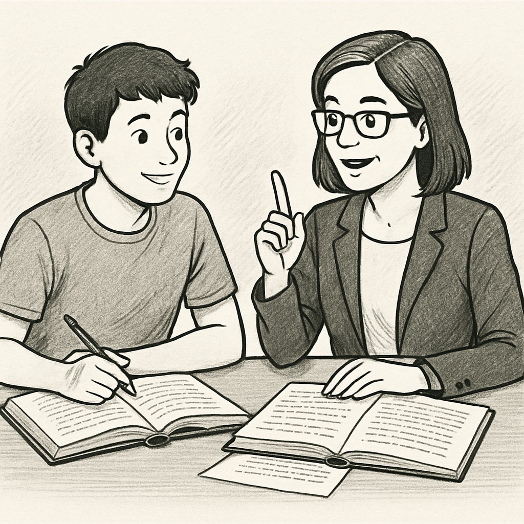 A student reviewing coursework with a tutor, symbolizing efforts to improve grades. Student improving grades through tutoring, relevant to Harvard admissions.