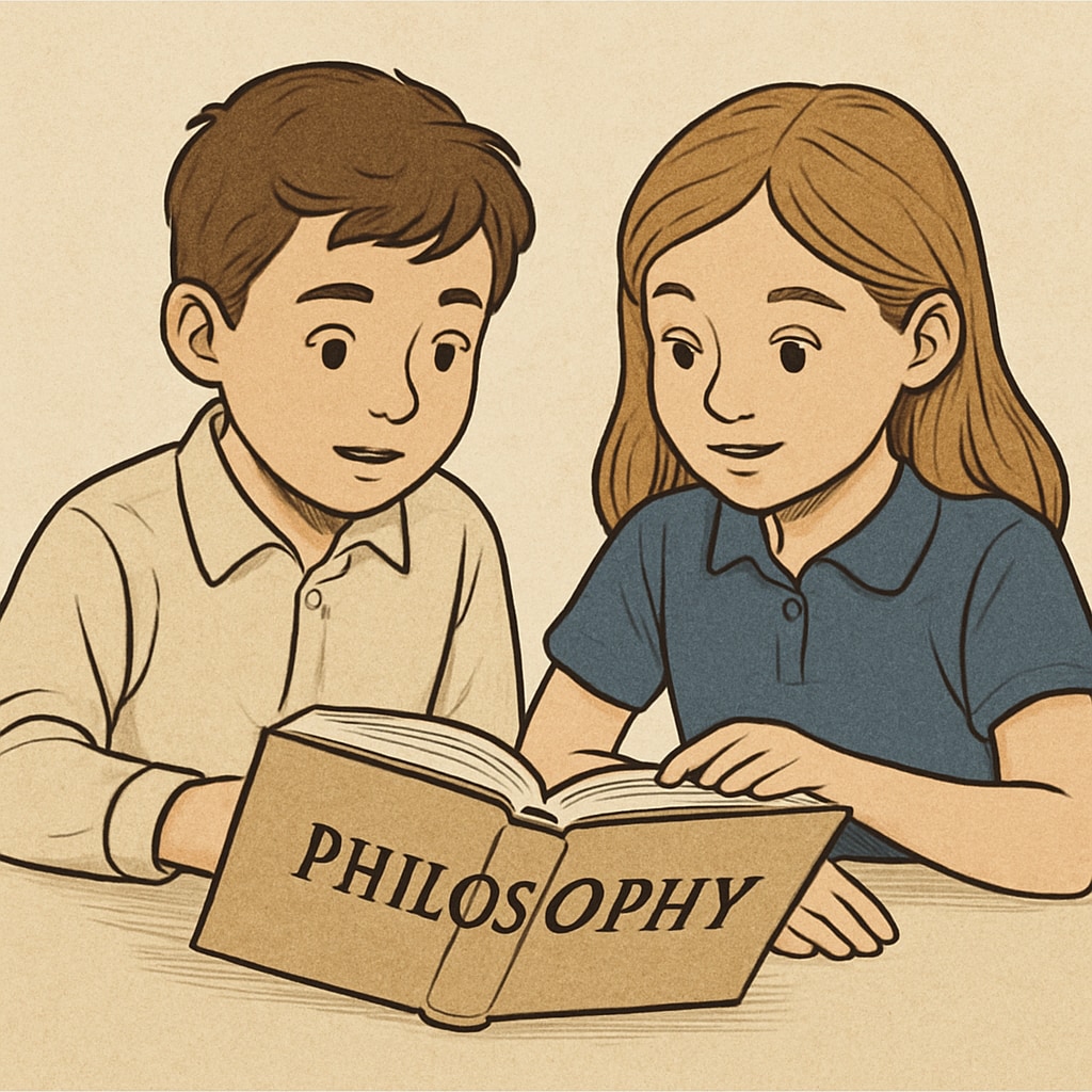A young boy and girl sitting at a table, reading a philosophy book together, with curious expressions. Children exploring a philosophy book, representing psychology and philosophy self-study resources.
