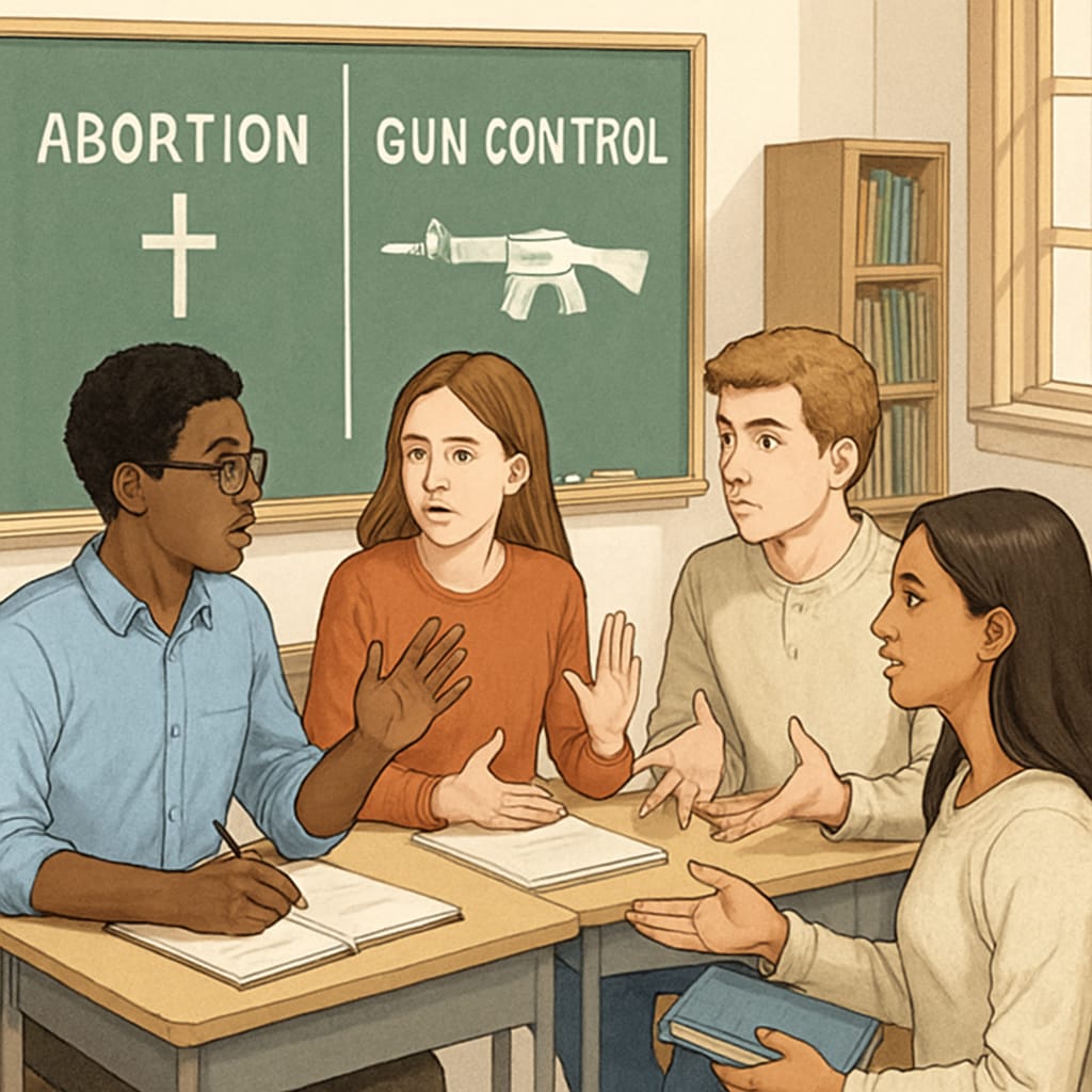 Students debating controversial topics in a classroom setting, showcasing the complexities of ideological discussions in schools. High school students discussing controversial social issues in a classroom.