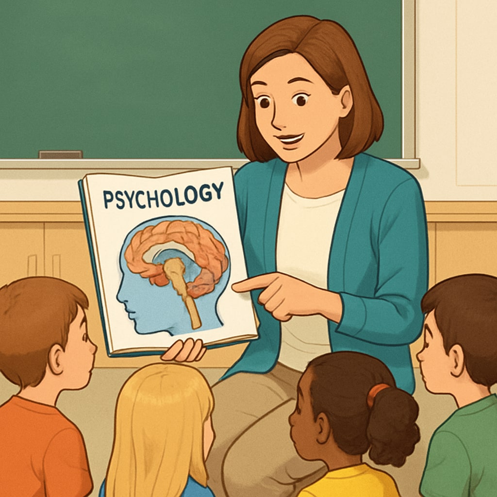 A teacher sitting with a group of children, holding up a psychology book and pointing to a diagram. Educator discussing psychology concepts with children using a book.