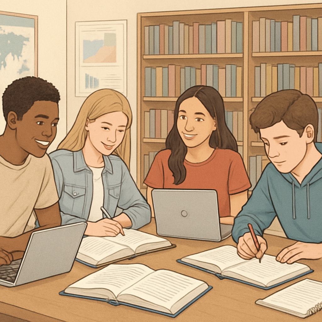 A group of high school students studying together using laptops and books in a library setting High school students collaborating on educational resources in a library