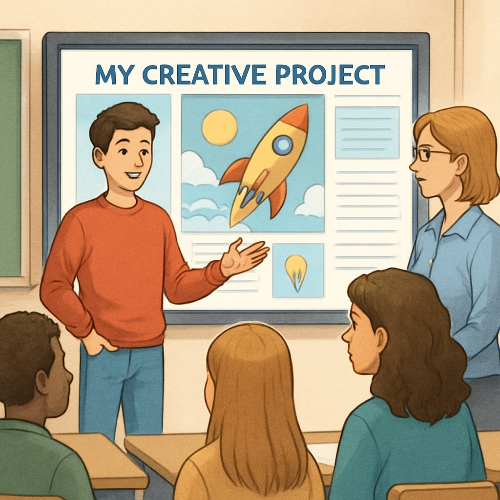 A student presenting a creative project on a digital screen during a collaborative assessment session. Creative project presentation as an innovative assessment method in education reform.