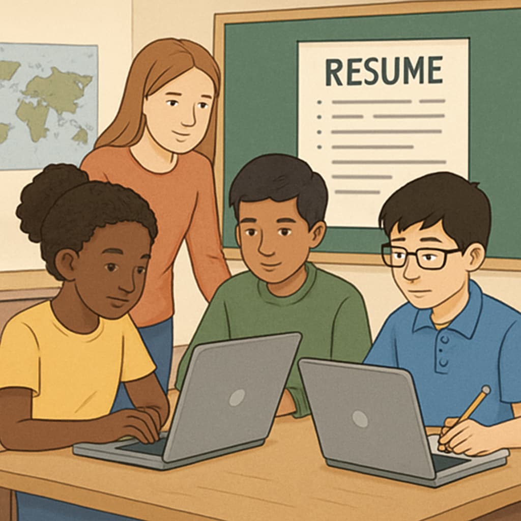 A diverse group of K12 students working collaboratively on laptops, symbolizing international learning and resume preparation. K12 students collaborating on resume preparation inspired by Canadian education principles.