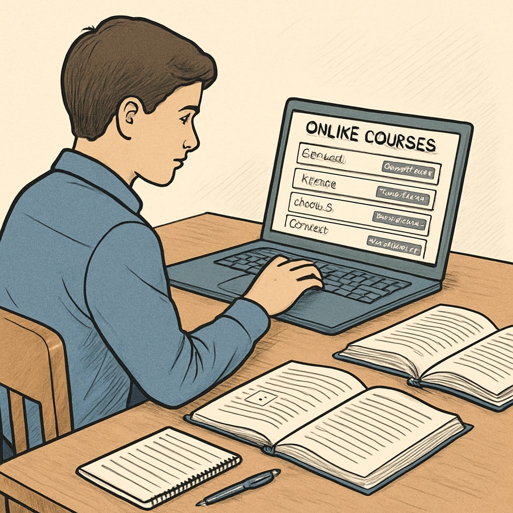 A student reviewing online course options on a laptop, with open textbooks nearby A high school student exploring extracurricular educational resources online