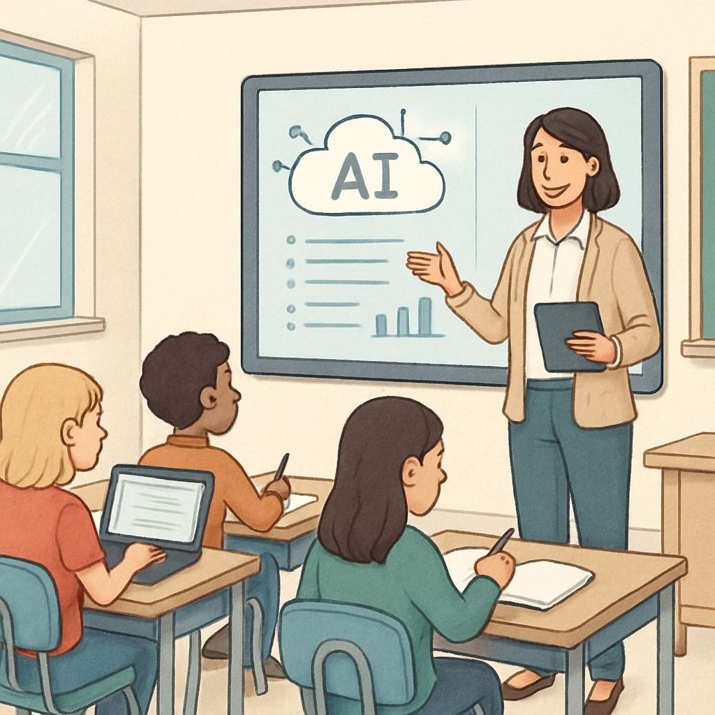 A modern classroom with a teacher using AI-powered educational tools to assist students. Teacher working alongside AI tools in a classroom setting