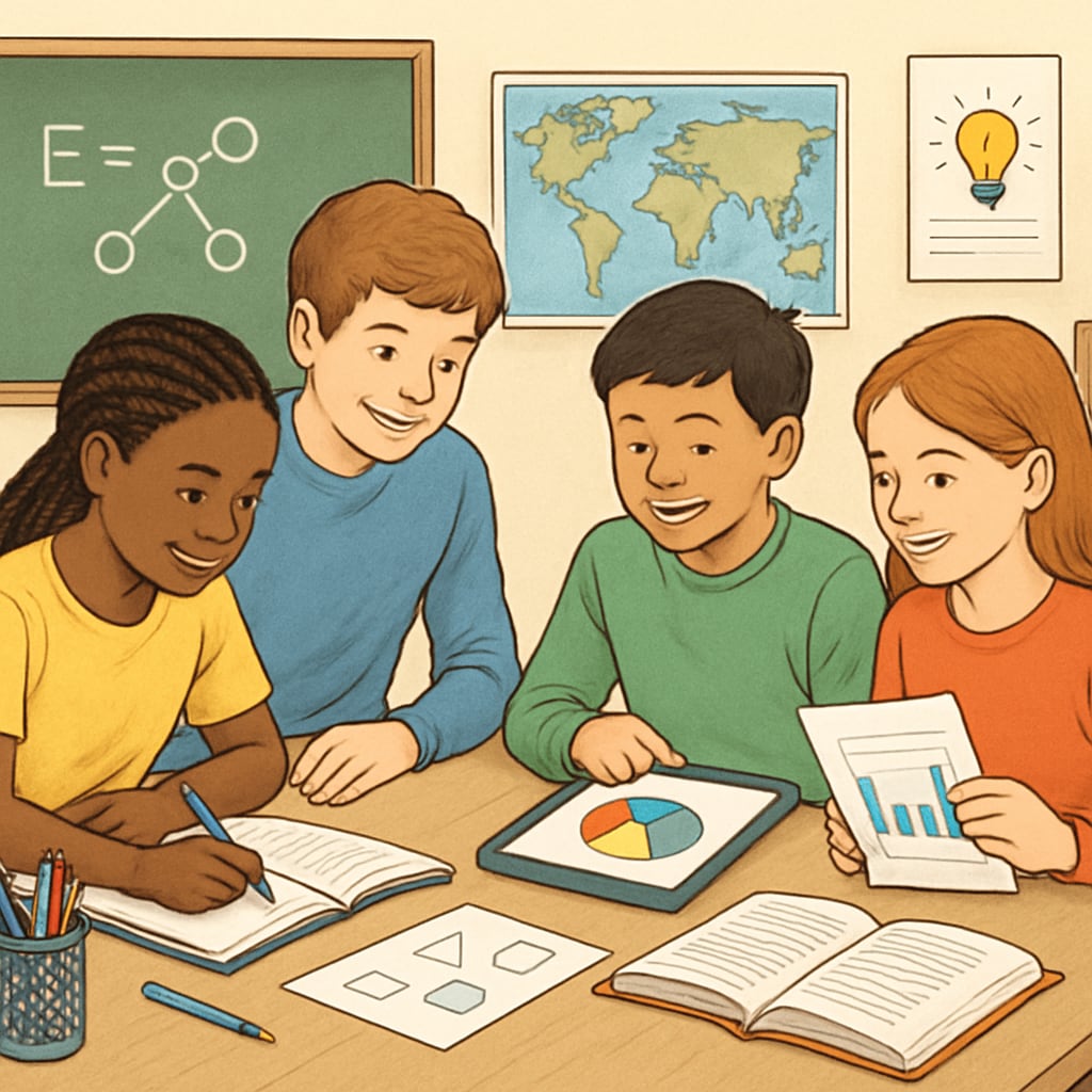 A diverse group of students engaged in a collaborative learning environment, showcasing holistic education principles. Group of students collaborating, representing holistic education.