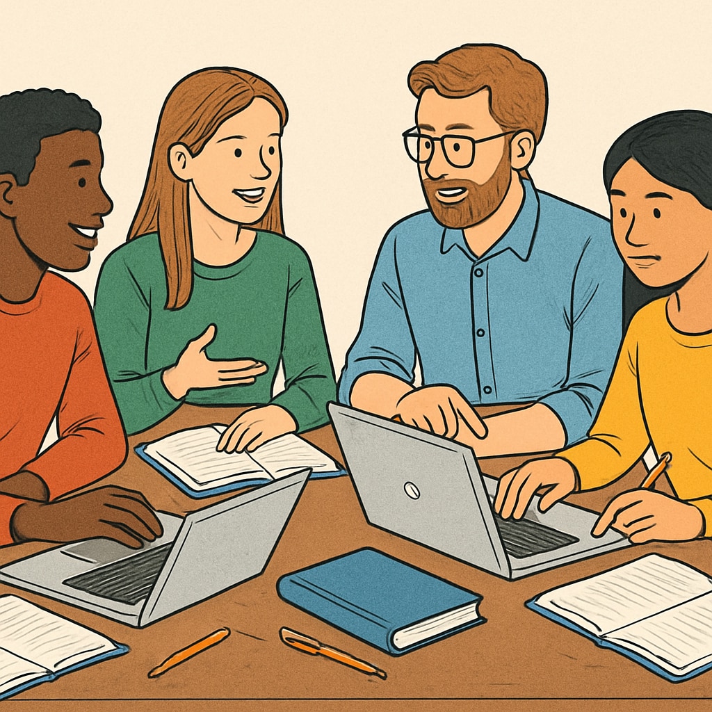 A group of diverse students collaborating in a study session with laptops and notebooks. Students collaborating in a study session, showcasing learning groups, Discord, and Houston University in action.