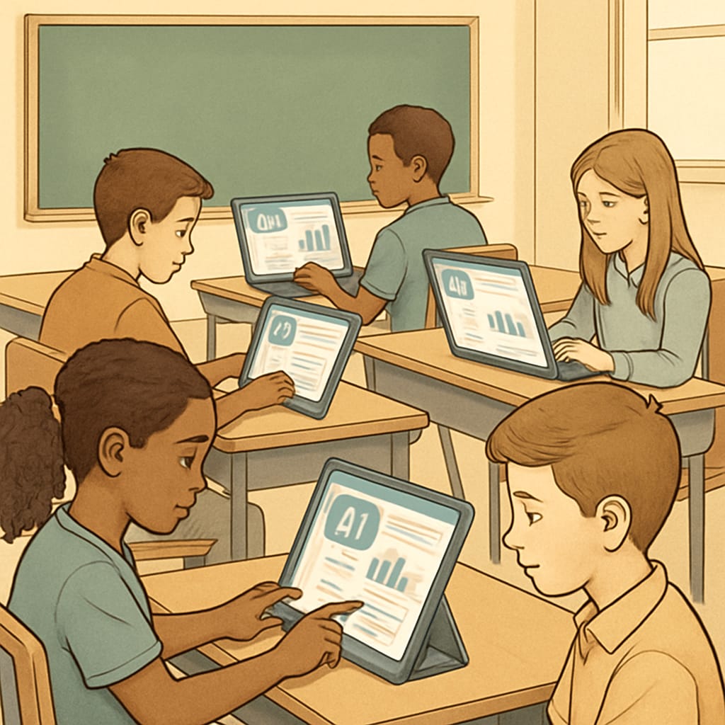 Students interacting with AI-powered adaptive learning software on tablets or laptops. Students using personalized AI-driven learning platforms