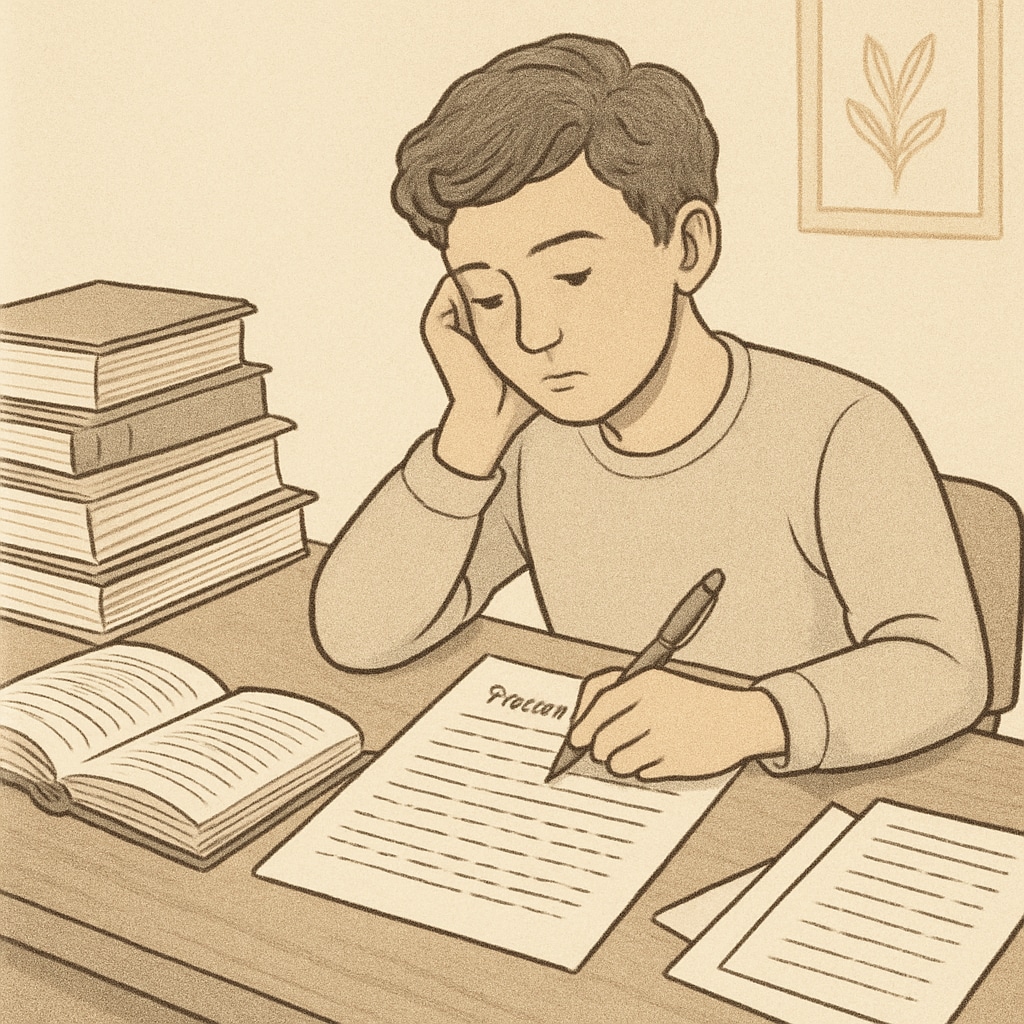 A student writing a personal essay at their desk, emphasizing self-reflection and growth. Student writing a personal essay, focusing on self-reflection.