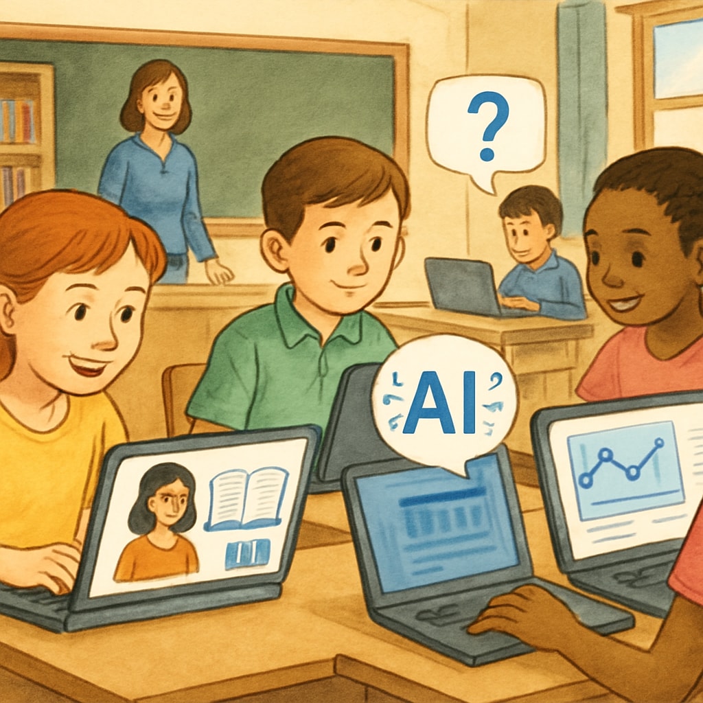 A classroom with students using AI-powered learning tools, representing the intersection of technology and education. Students in a classroom engaged with AI-powered learning tools for modern education.