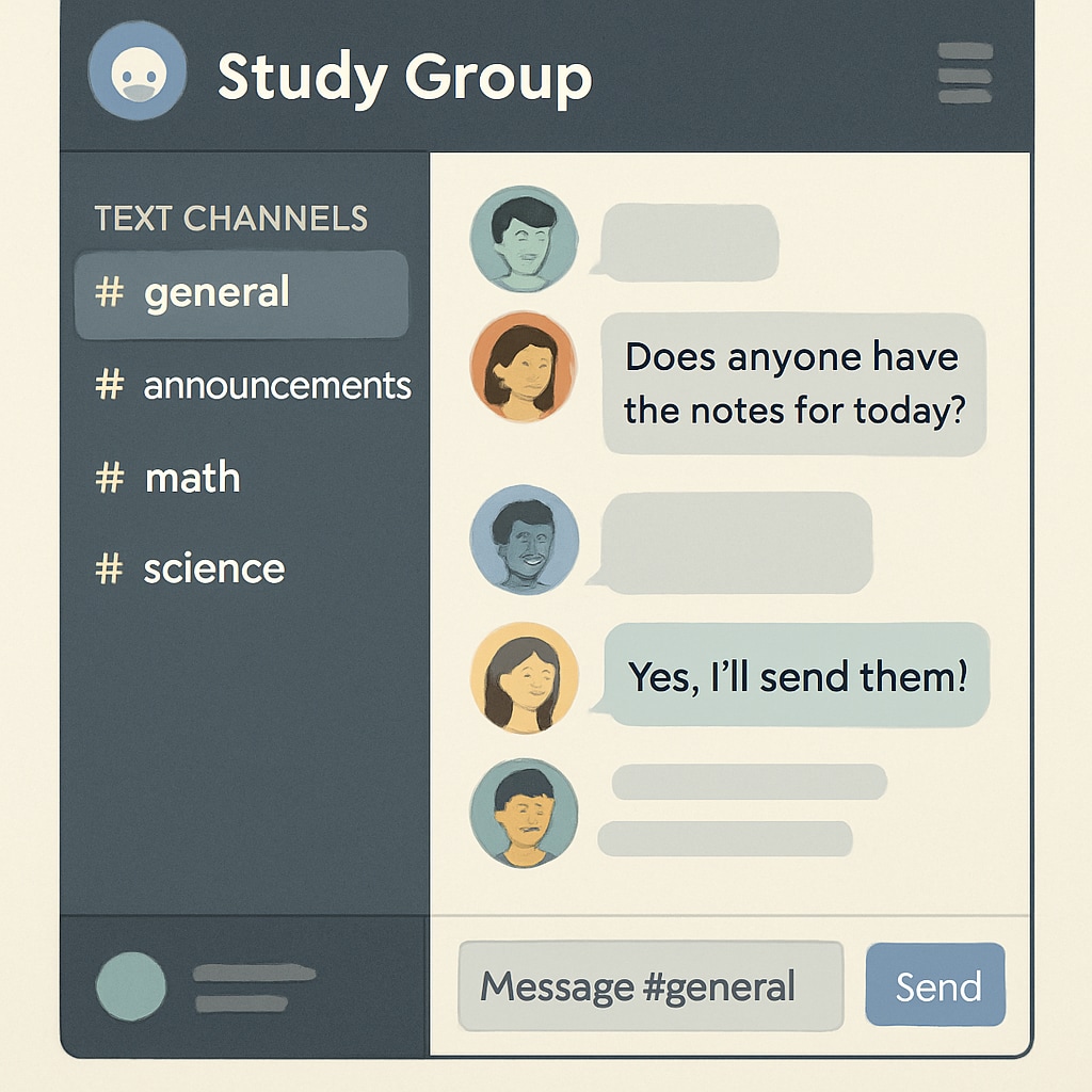 A screenshot of a Discord server interface showing study channels and active discussions. Discord server interface for educational collaboration, highlighting its role in Houston University study groups.