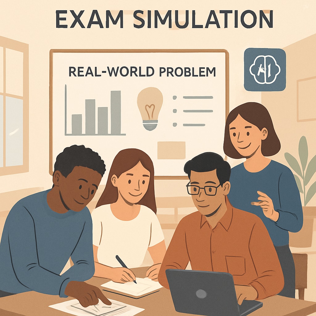 An AI-powered exam simulation where students solve real-world problems collaboratively, symbolizing modern assessment methods. Students collaborating on AI-powered exam simulations to solve practical problems.