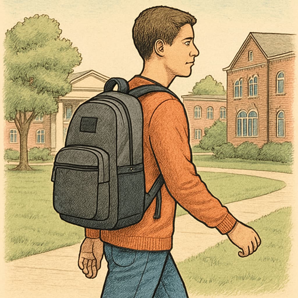 A student walking through campus carrying a durable and stylish backpack, showcasing affordability and practicality. A university student with a durable and affordable backpack.