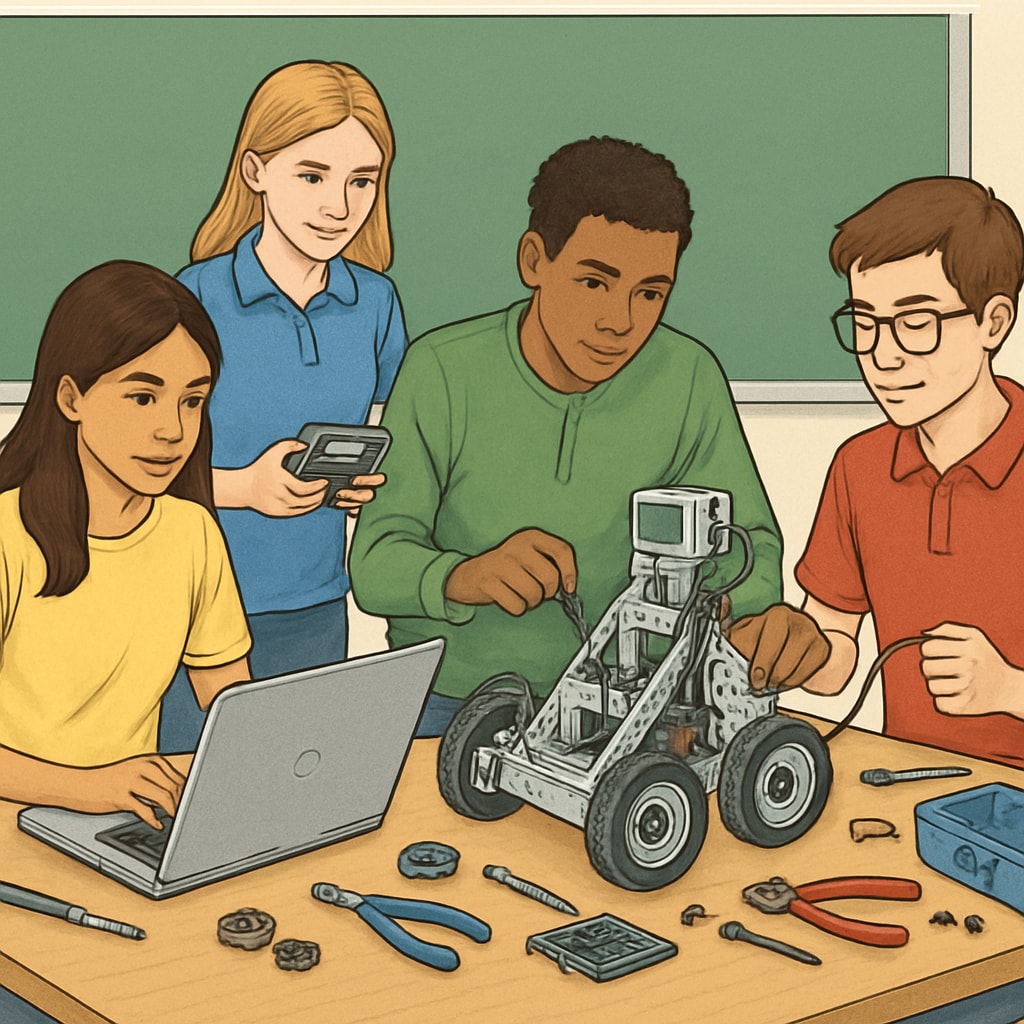 A group of high school students engaged in a robotics workshop, collaboratively building and programming a robot. High school students participating in a robotics workshop for extracurricular learning.