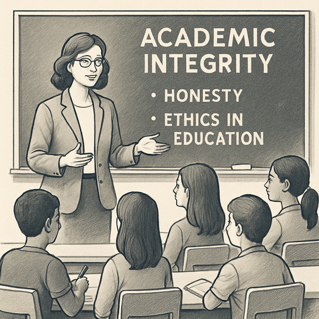 A classroom setting where a teacher is discussing academic integrity with students. A teacher explaining academic integrity to students in a classroom.