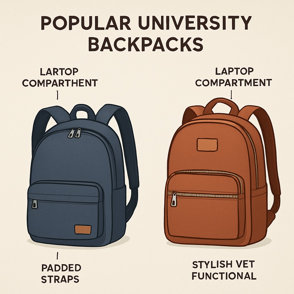 A side-by-side comparison of popular university backpacks, highlighting features like laptop compartments, padded straps, and stylish designs. Comparison of affordable university backpacks with practical features.