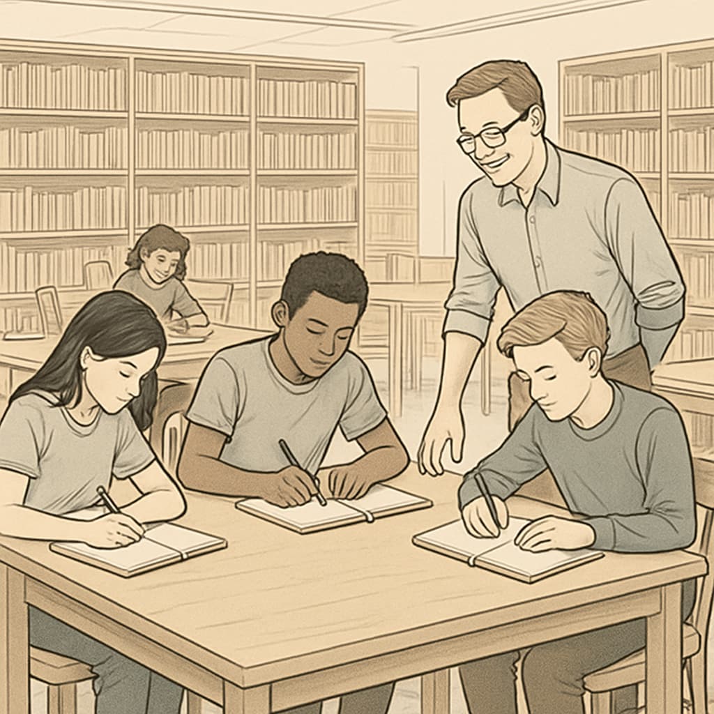 A high school library hosting a creative writing workshop, with a mentor guiding students as they write. High school students attending a creative writing workshop to expand their skills.