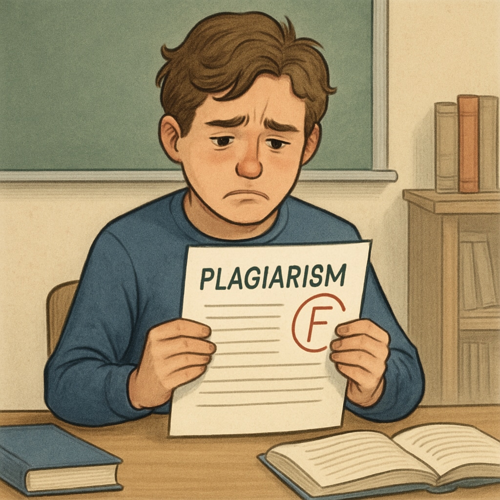 An upset student holding a graded assignment, emphasizing the emotional impact of false plagiarism accusations. A distressed student reviewing their graded paper after being falsely accused of plagiarism.