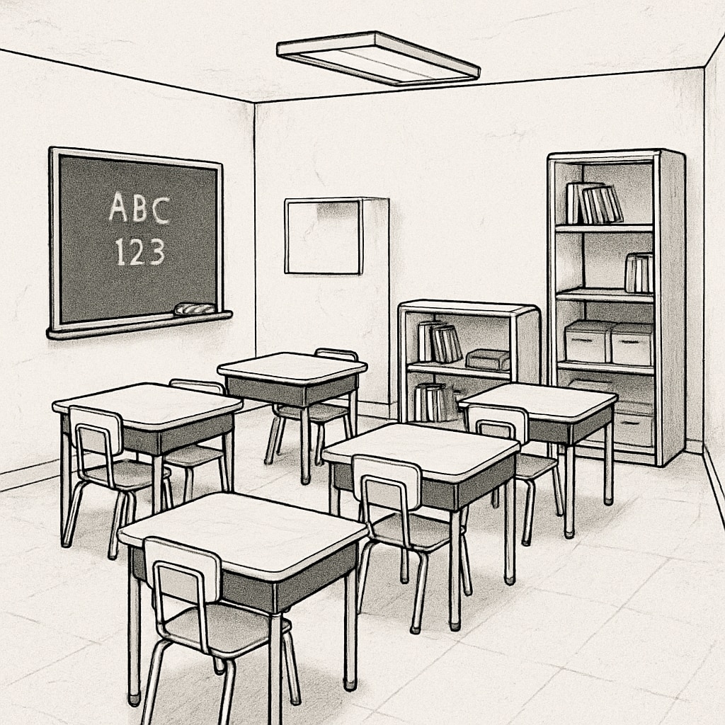 A small, temporary elementary school classroom with limited space and minimal facilities. A temporary classroom showcasing limited space and facilities in an elementary school.