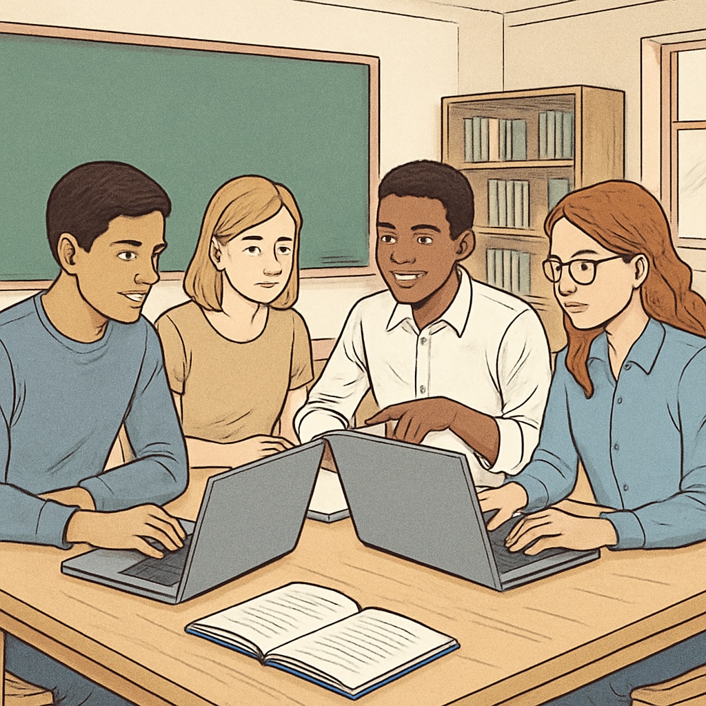 A group of students collaborating on a study project using laptops in a classroom setting. Students collaborating in a study group, showcasing teamwork and communication skills.