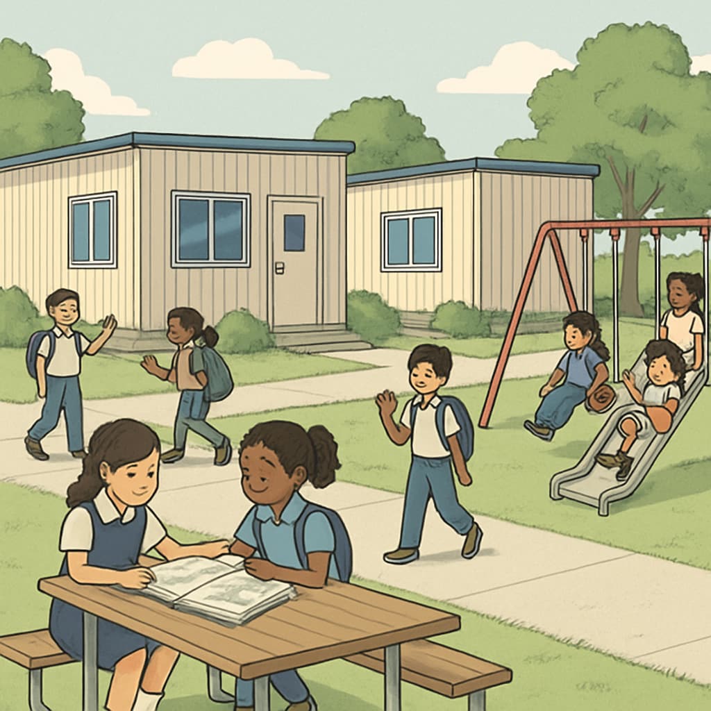 Outdoor activities for elementary school students in a limited temporary campus setting. Elementary school students participating in outdoor activities on a temporary campus.