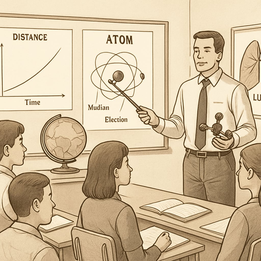 A classroom setting where a teacher is using visual aids to explain scientific concepts to a group of English learners. Teacher using visual aids to support English learners in science education.