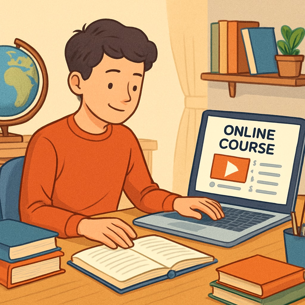 A student using an online learning platform at home, representing external education resources. A student engaging with external learning resources via an online platform.