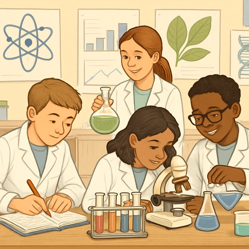 Students conducting science experiments with diverse tools and resources in a collaborative environment. English learners participating in hands-on science experiments.