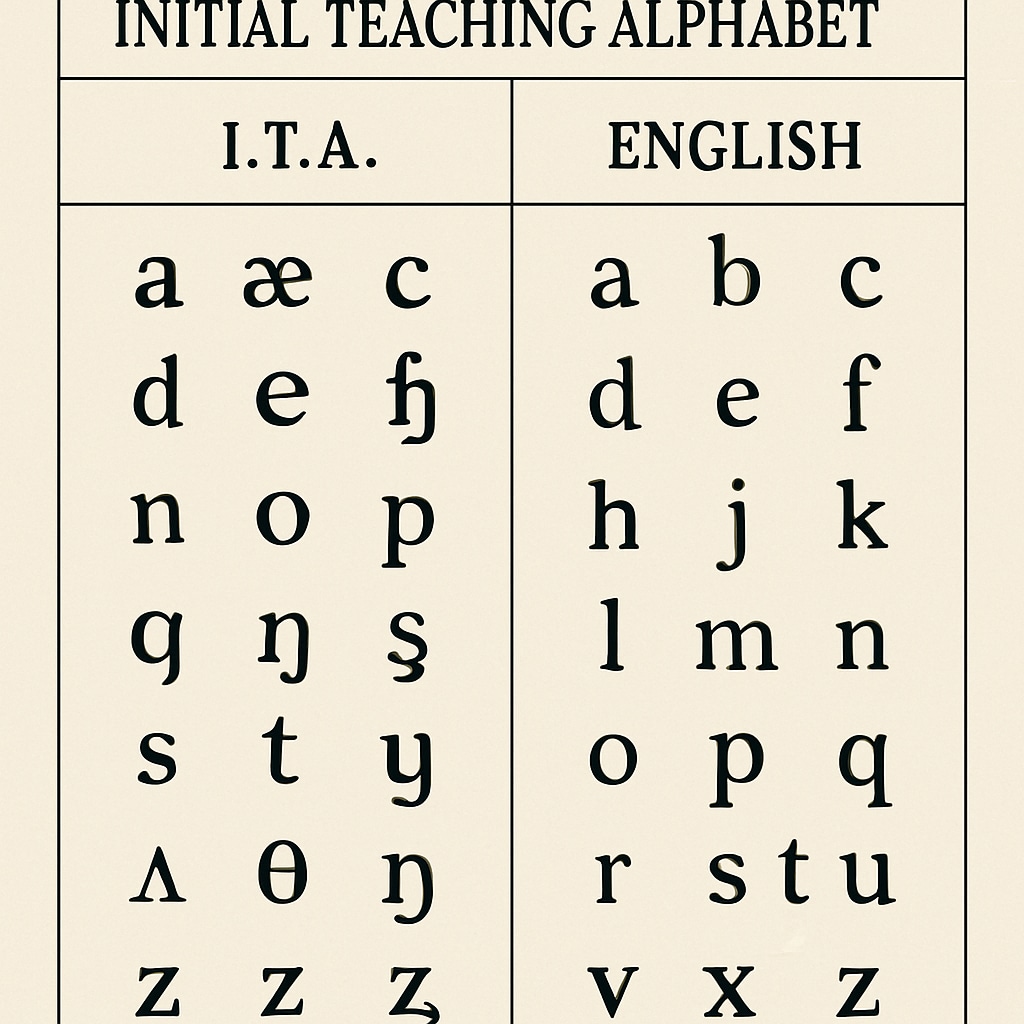 A visual representation of the Initial Teaching Alphabet alongside the standard English alphabet, highlighting the differences. A comparison of the Initial Teaching Alphabet (ITA) and the standard English alphabet, illustrating differences in character and phonetic representation.