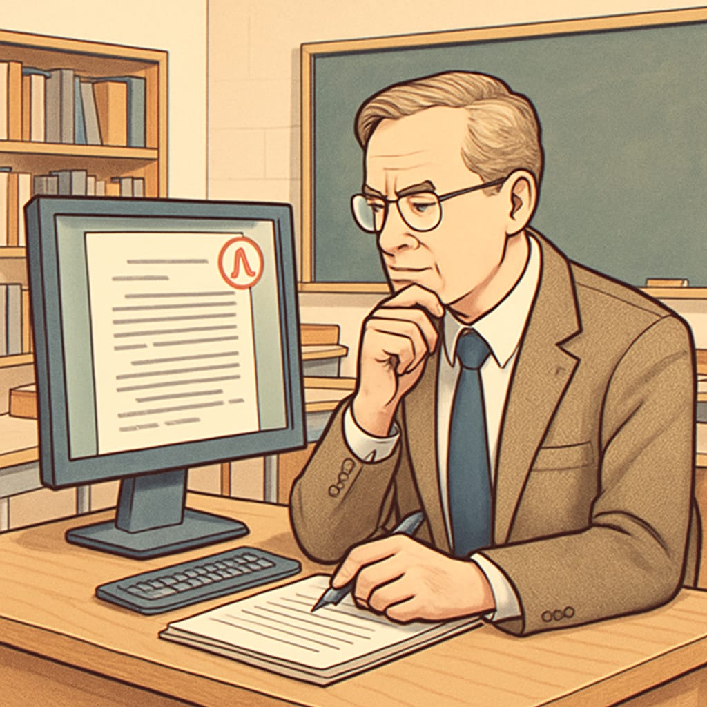 A professor is shown reviewing a student's assignment on their computer in a classroom setting. The image reflects academic evaluation and the potential for misunderstandings in plagiarism accusations. A professor analyzing a student's assignment for plagiarism in a classroom.