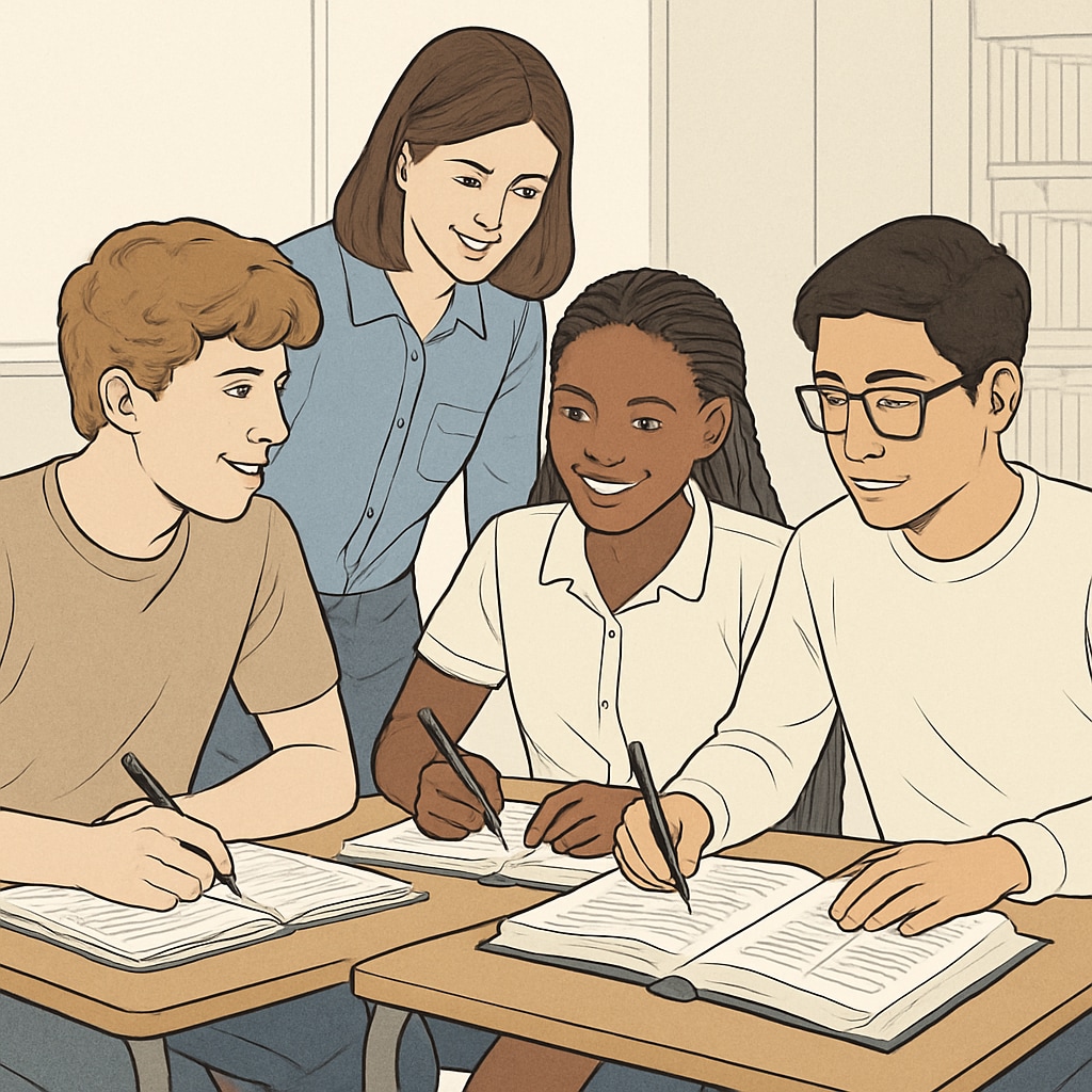 A group of high school students collaborating during an extracurricular workshop. High school students working together on a project in an educational setting.