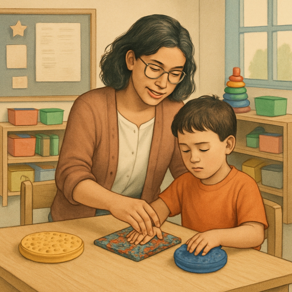 A teacher assistant helping a young child with autism complete a sensory activity in a classroom. Special education assistant working with an autistic child on a sensory activity.