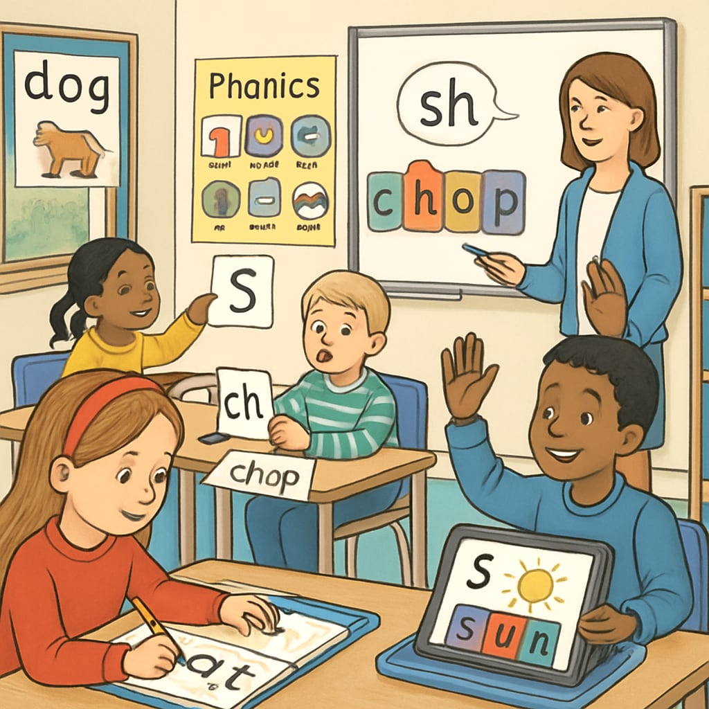 A classroom scene where children are learning phonics with interactive tools, contrasting with the ITA approach. Children in a classroom using interactive phonics tools, showing modern alternatives to the Initial Teaching Alphabet.