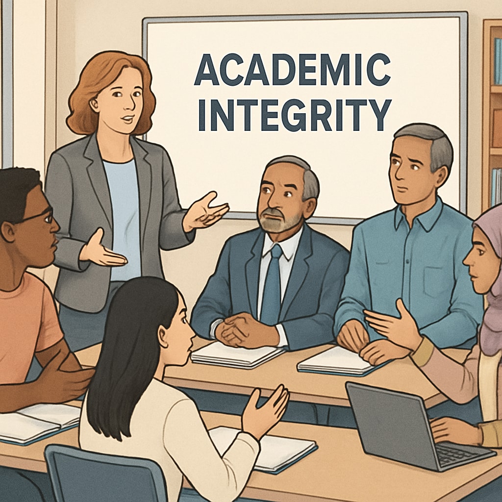 A diverse group of students and professors are engaged in a discussion about academic integrity in a modern classroom. The image highlights collaboration and understanding in educational contexts. Students and professors discussing academic integrity in a collaborative setting.