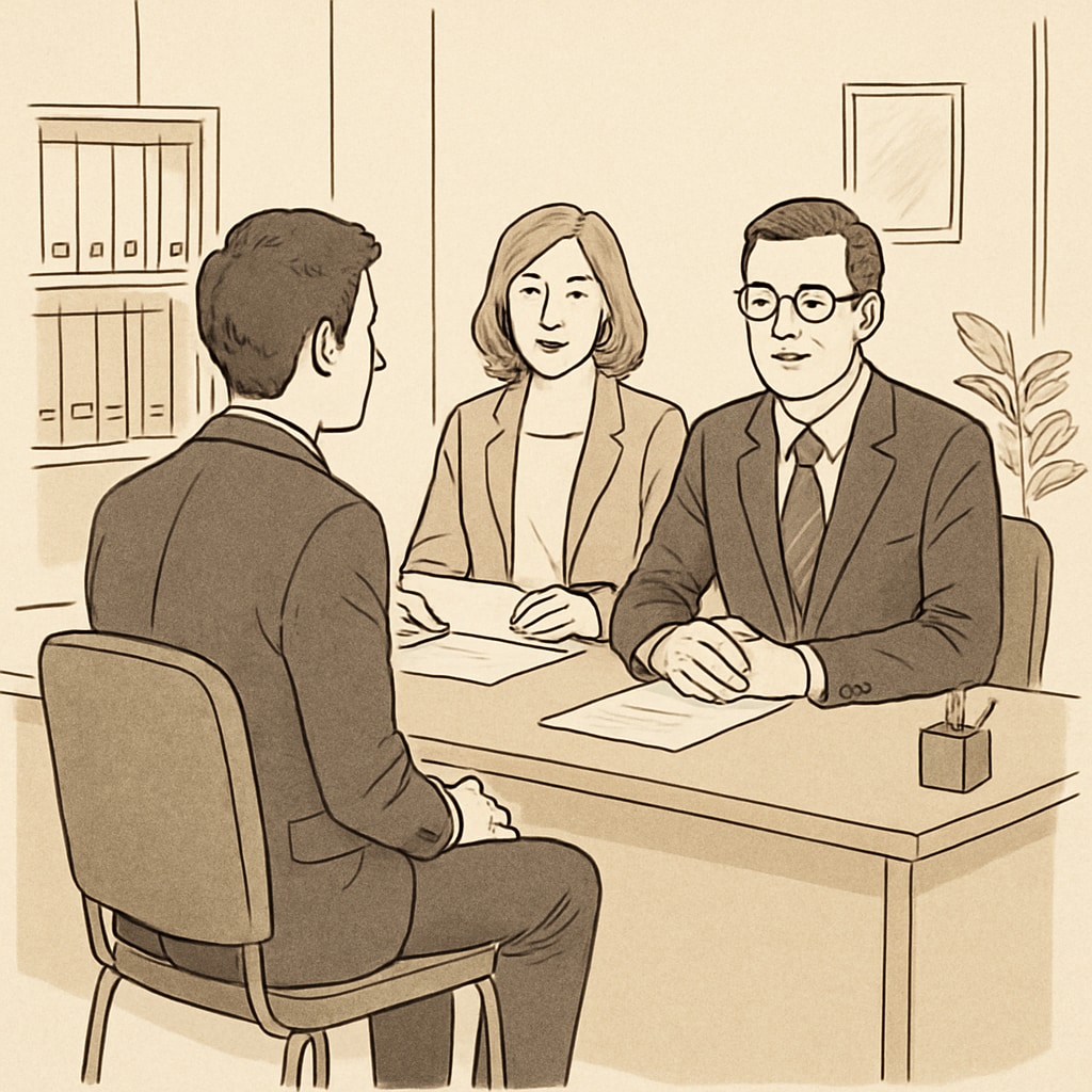 A job candidate sitting across from two interviewers in a professional setting, discussing their skills and experience. Candidate preparing for a teaching assistant interview in special education.