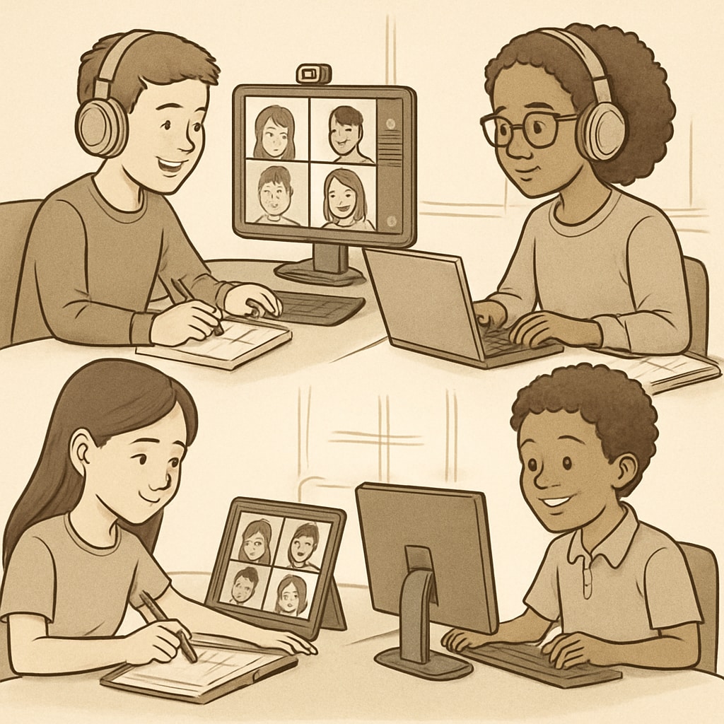 A group of K12 students collaborating online via Discord; displays teamwork and academic focus in a virtual setting. Students using Discord for study groups in K12 education.