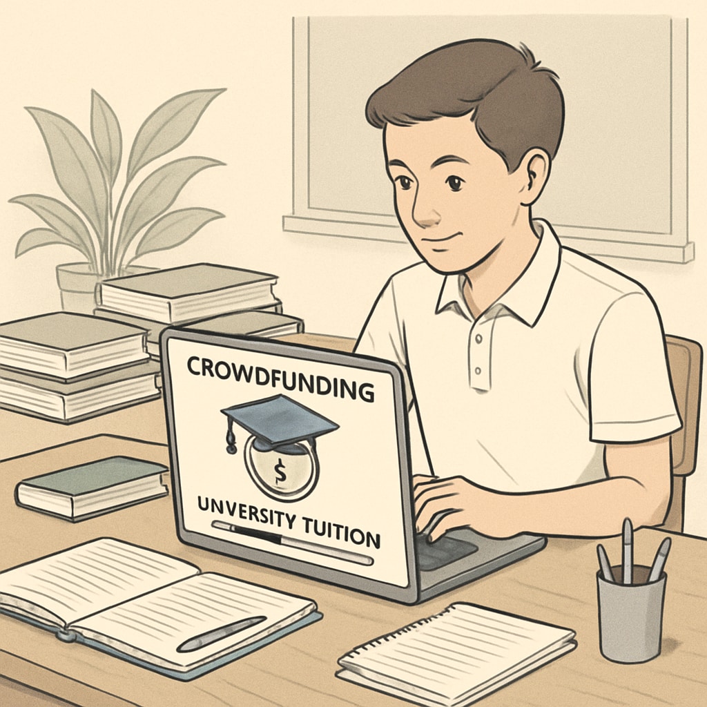 A young student using a laptop to create a crowdfunding campaign for their university tuition. Student creating a GoFundMe campaign for tuition on a laptop.