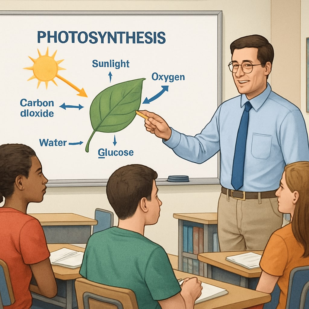 A teacher using visual aids, such as a diagram of photosynthesis, to explain concepts to a diverse group of high school students. Visual aids in science teaching for English learners, including a photosynthesis diagram.