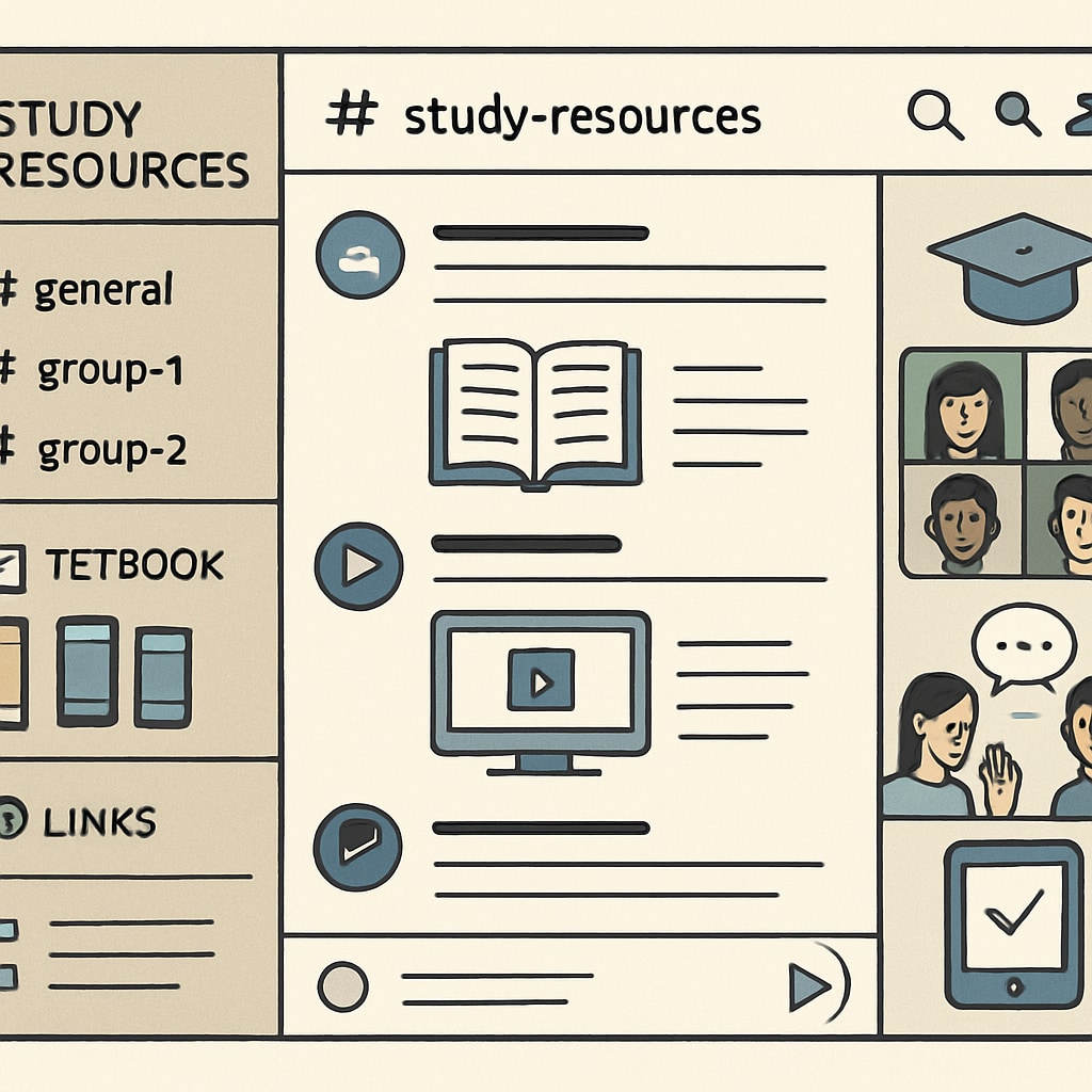 An organized Discord channel showcasing study resources and group discussions; demonstrates effective use of online platforms for learning communities. Discord channel with study resources and discussions for UH students.