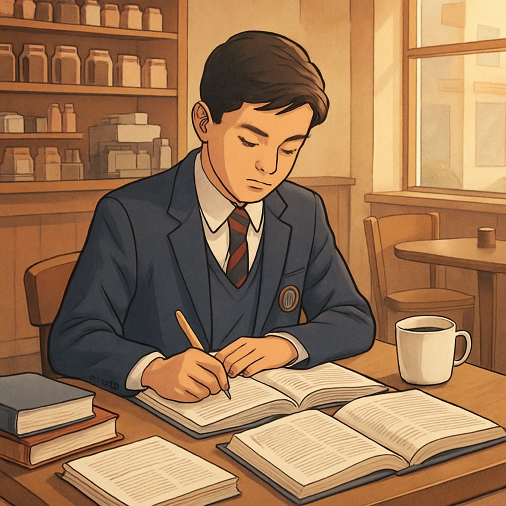 A high school student working at a coffee shop while studying during breaks. High school student balancing work and study at a coffee shop.
