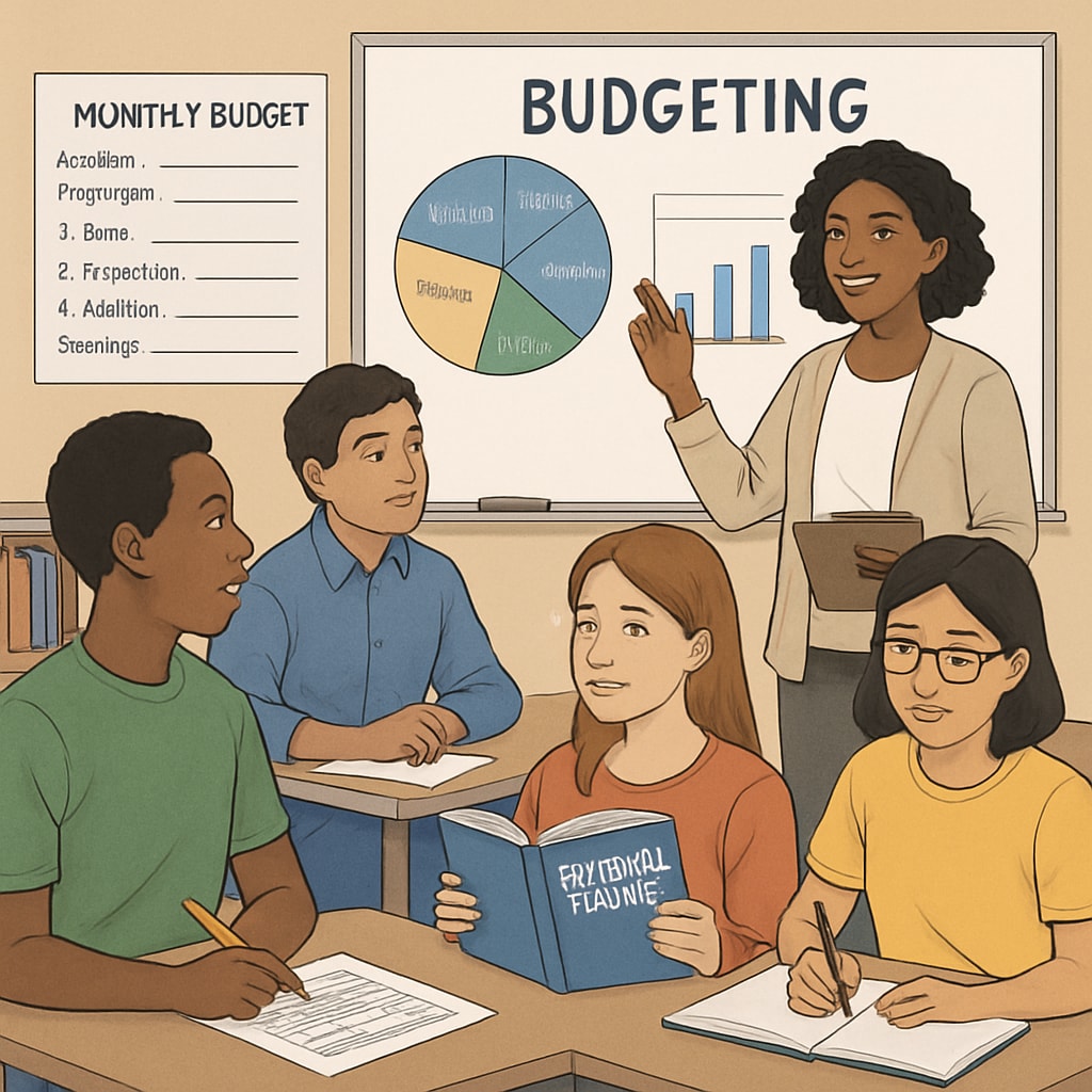 A group of diverse students in a classroom learning about budgeting and financial planning. Students learning about financial literacy in a classroom setting.