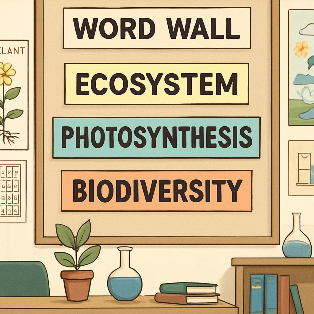 A word wall in a science classroom featuring key vocabulary such as Word wall in science teaching for English learners featuring key vocabulary.