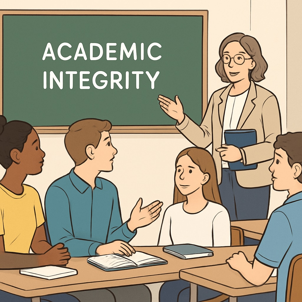 A classroom setting with students and a professor discussing academic integrity. Students and a professor discussing academic integrity in a classroom setting.