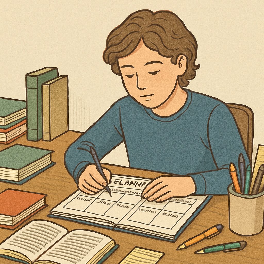 A teenager using a planner to organize their work and study schedule. Teen planning their work and study schedule with a notebook.