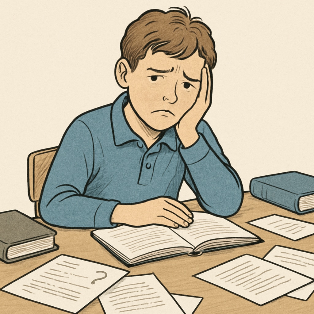 An upset student sitting at a desk surrounded by academic papers, symbolizing the distress caused by unjust accusations. A distressed student surrounded by papers, representing the emotional impact of unjust plagiarism accusations.