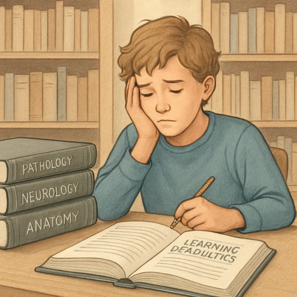 An image of a student with learning disabilities studying in a library, surrounded by medical textbooks. A student with learning disabilities studying medical textbooks in a library.