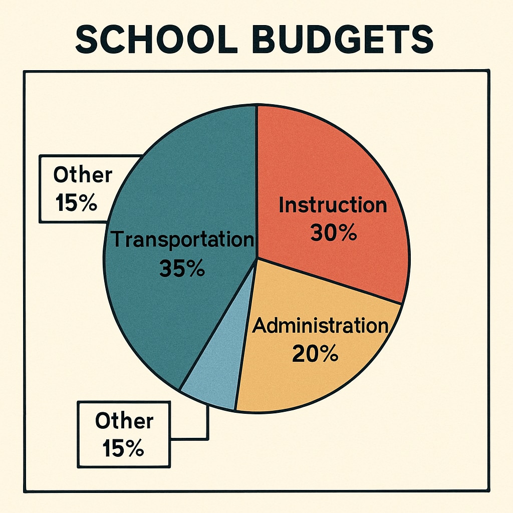A graph showing the breakdown of school budgets, highlighting the disproportionate spending on transportation compared to instructional costs. A graph illustrating school budget allocation with emphasis on transportation.