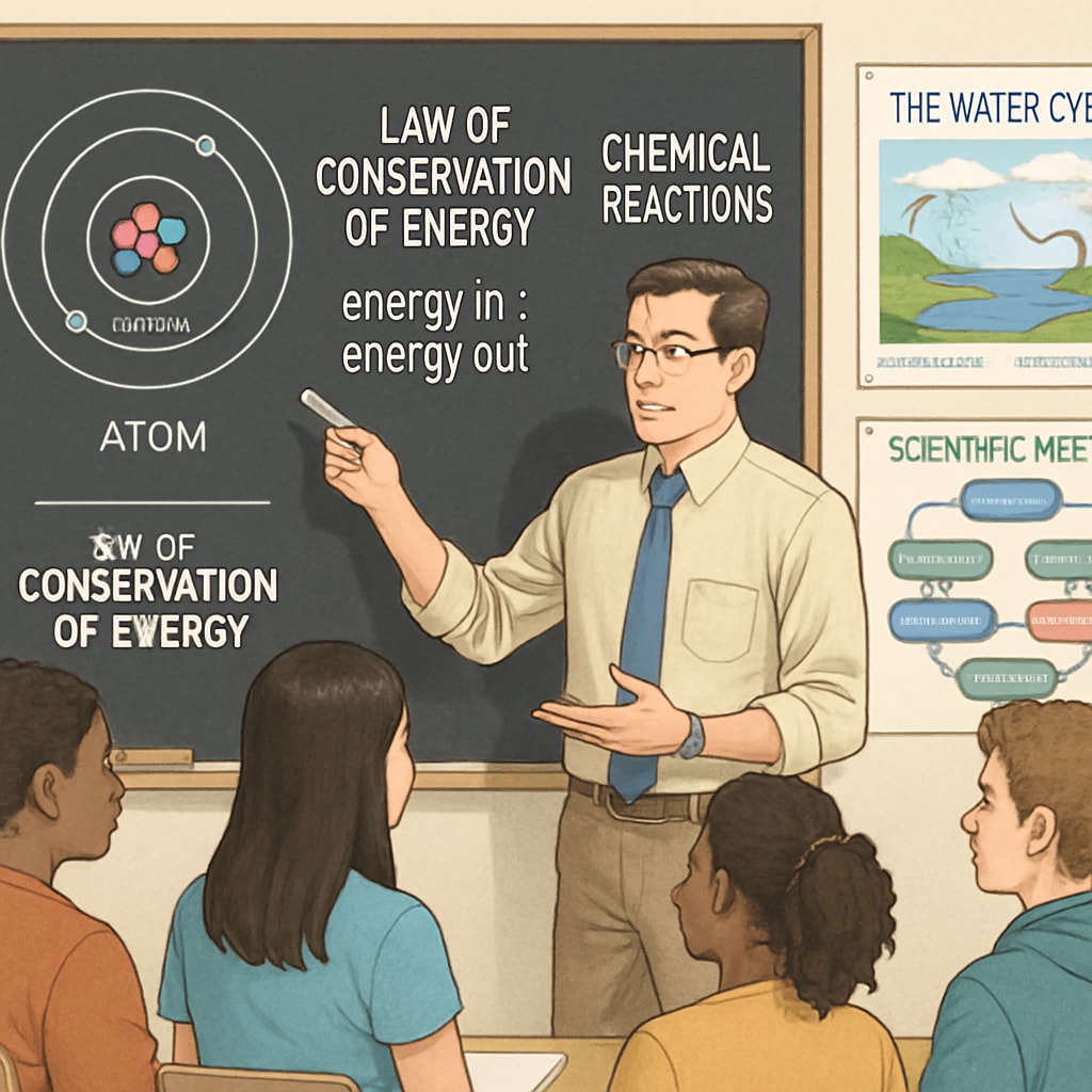 A high school science teacher engaging a diverse group of students, with visual aids and diagrams prominently displayed. High school science teacher using visuals to support English learners.