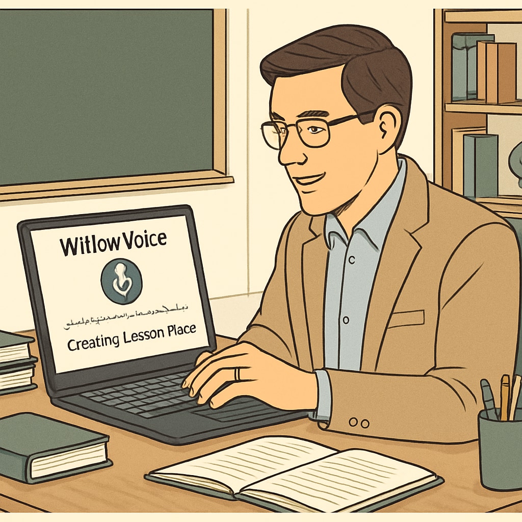A teacher using WillowVoice software to create lesson plans on a laptop; the image reflects the simplification of administrative tasks through speech-to-text technology. WillowVoice software assists teachers in creating lesson plans, showcasing its role in improving education efficiency.