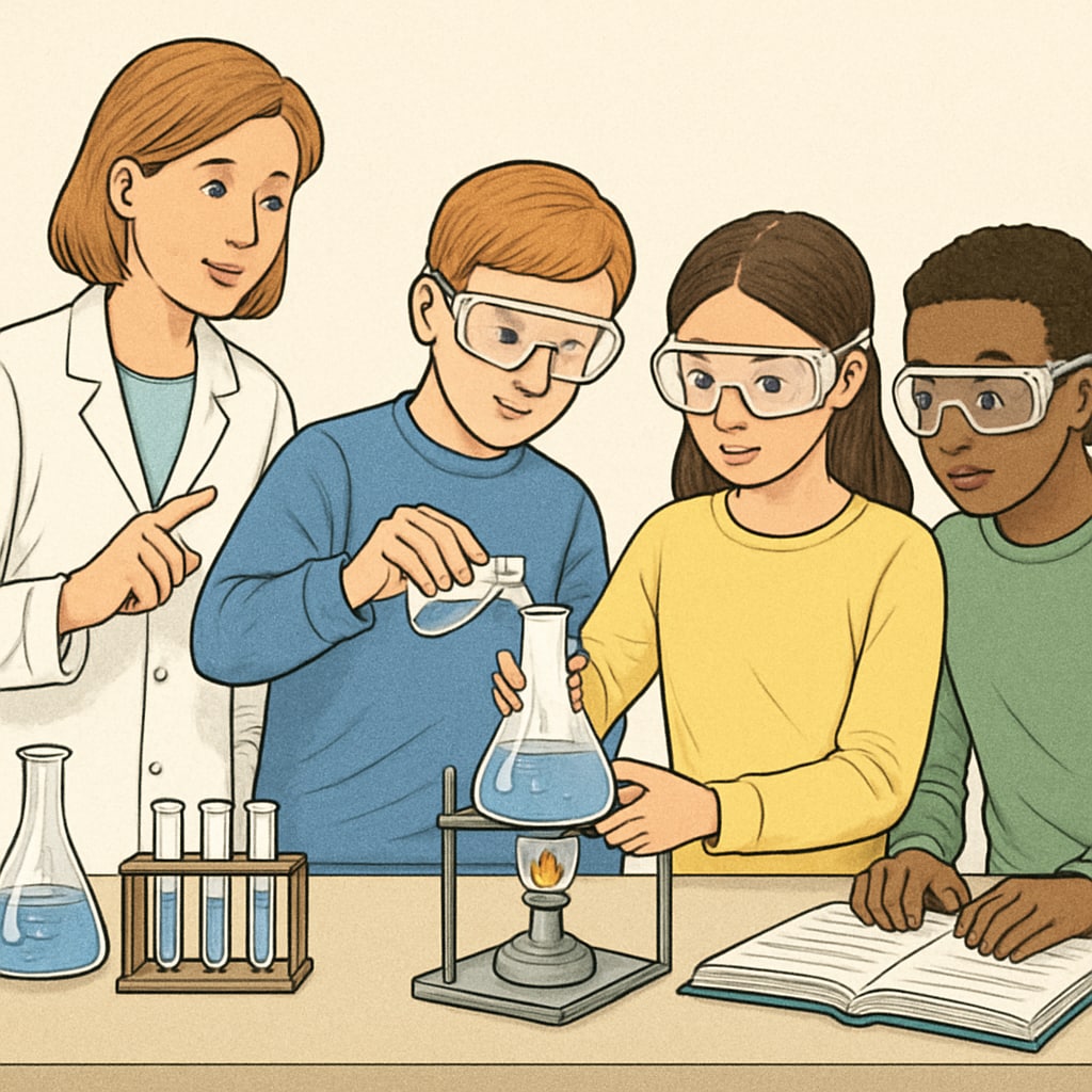 Students conducting a science experiment in a lab, with a teacher guiding them step-by-step. Students performing a science experiment with teacher guidance in a classroom.